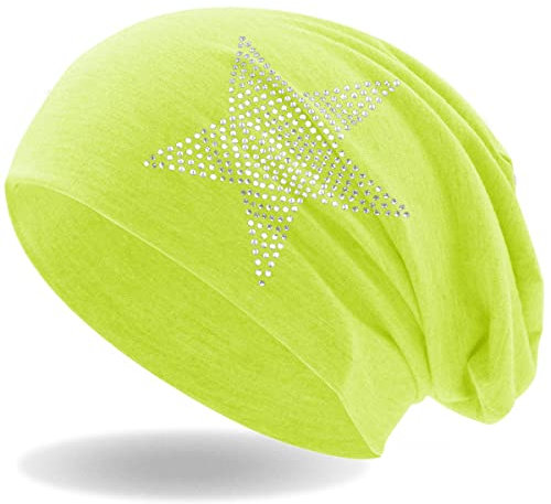 Hatstar Strass Stern Damen Beanie Mütze | elastisches Slouch Long Beanie | Mädchen Mütze | mit edler Strass Applikation | leicht und weich (neon gelb)