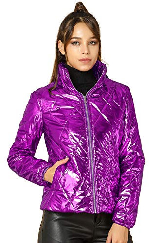 Allegra K Femmes Doudoune Métallisée Matelassée Glissière Brillante Holographique Violet M