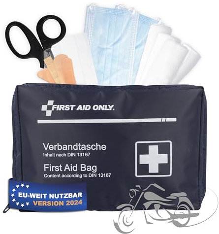 First Aid Only Motorrad Verbandtasche DIN 13167 | Kompakter Verbandskasten 28-teilig als Erste Hilfe Set für Motorrad, Fahrrad, Reise und Freizeit | P-10037