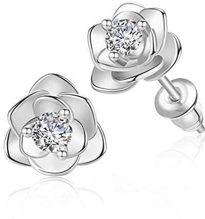 Flower Stud Earrings for Women, Hypoallergenic 14K White Gold Cubic Zirconia Stud Earrings
