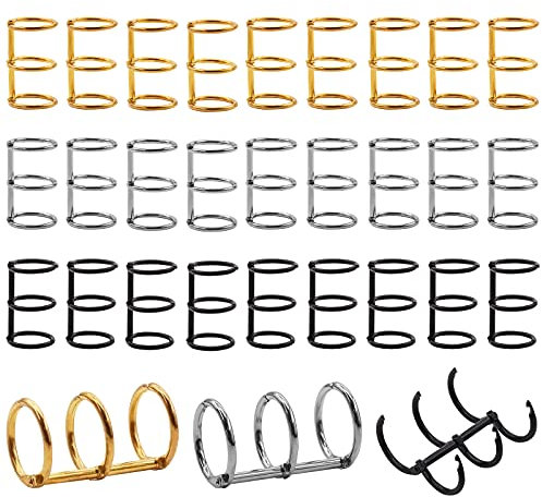 Mardatt 30 Stück 3-Ring-Metall-Ringe für lose Blätter, Buchringe, aufklappbar, für Notizbuch, Tagebuch, Fotoalbum, Binderücken, Kämme, 20 mm (Gold, Silber, Schwarz)