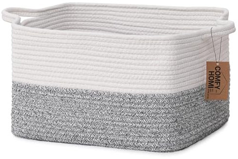 COMFY-HOMI Baumwollseil gewebter Korb mit Griffen für Regale, Spielzeug, Bücher, dekorativer Aufbewahrungs-Organizer für Wohnzimmer, Badezimmer (weiß/grau)