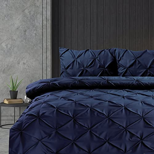 Linen Home Pintuck King Duvet Set Navy Pinch Pleat Soft Microfibre King Bed Quilt Cover with 2 Pillowcases, Easy Care Wrinkle Free King Bedding Set of 3 Pcs (Navy, King Duvet Cover Set)