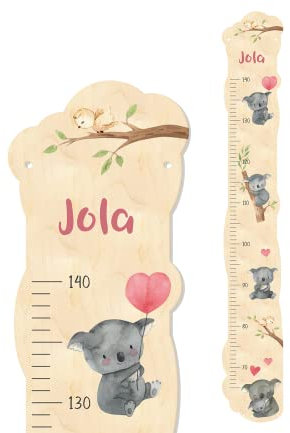 Personalisierte Kinder Holz Messlatte 'Koala' aus Birkenholz mit Wunschnamen, Messlatte Kind Motiv Koalabär, ca. 15 x 100 cm