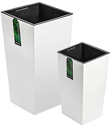 PAFEN Blumentöpf hoch SET 2in1 – Höhe: 61,5 cm, 50,5 cm - Pflanzkübel mit Einsatz Blumenkübel Pflanztopf Kunststoff Matt, Weiß