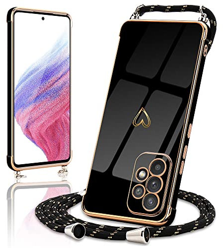 Micoden Coque Compatible avec Samsung Galaxy A53 5G Silicone avec Collier avec Motif Coeur d'amour Mignon Etui Housse avec Cordon Tour de Cou Lanière en Corde pour Samsung Galaxy A53 5G(Noir)