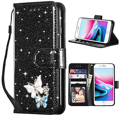 QLTYPRI Case for iPhone 7 Plus/iPhone 8 Plus, Wallet Case Premium Glitter PU Leather TPU Bumper Card Holder [Wrist Strap] Inlaid Butterfly Diamond Flip Cover for iPhone 7 Plus/8 Plus - Black