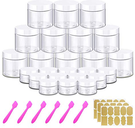 120 ml Pot Plastique avec Couvercle + 20 g Contenants pour Échantillons (Lot de 24) pour aliments secs, beurre d'arachide, crème, gommage au sucre, slime + étiquettes et spatules gratuits