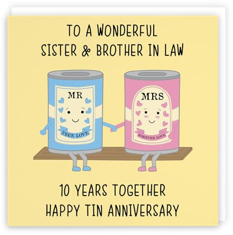 Hunts England - Large Sister And Brother In Law 10th Anniversary Card - To A Wonderful Sister & Brother In Law - 10 Years Together - Happy Tin Anniversary - Iconic - Large - 210 x 210 mm - Cute Card