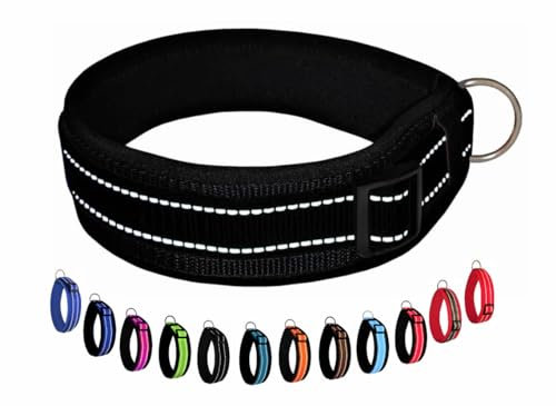 BUDDYPACK | Extra-Breites Hundehalsband mit Reflektorstreifen | Weiches Neopren-Polster | Größe XXS-3XL Verstellbar (M (44-49 cm), Schwarz)