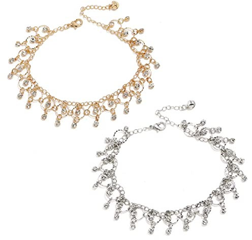 2 Stück Fußkettchen 925 Damen Fußkettchen Strand Tanz Yoga Fußkettchen Strass Quaste Fußkettchen verstellbar (Silber und Gold)
