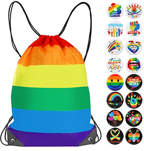 DPKOW LGBTQ Accessoires Regenbogen Kordelzug Tasche LGBT Pin Button, 1 Gay Pride Turnbeutel LGBT Regenbogen Kordelzug Rucksack, 16 LGBT Regenbogen Broschen Abzeichen für Frauen Männer Pride Zubehör