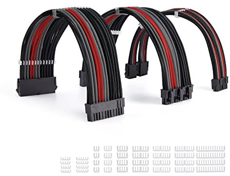 Formulamod Power Supply Extension Cable 18AWG (1) ATX 24P, (2) EPS 8-P+ (3) PCI-E8-P, with Combs for PSU to Motherboard/GPU (I, Black, Grey, Red)