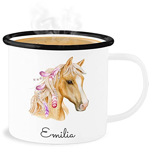 Emaille Becher Blechbecher - Pferd Pferde - Pferdekopf - 300 ml - Weiß Schwarz - tasse emaille+tasse+kinder+personalisiert pferden pferdemotiven tassen kinder pferdemotiv mädchen reiten