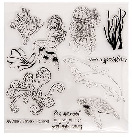 Bianriche Meerjungfrau Oktopus Delfin Qualle Silikon Stempel mit Stanzschablonen Set für DIY Kartenherstellung Scrapbooking Prägung Fotoalbum Stempel