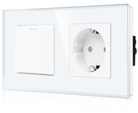 CNBINGO Schuko Steckdose mit Lichtschalter Glas 1 Fach 1 Weg, Modernem Kristallglas Wandplatte mit Leuchtpunkten, Weiß