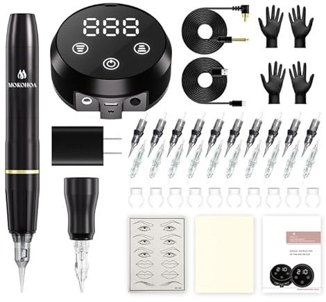 Mokohoa Permanent Make up Maschine, Tattoo Maschinen Set mit 20 Patronennadeln und MCU-Touchscreen und LED-Digitalanzeige, Tattoo-Kits Haut üben Augenbrauenstift 10 Tintenbecher (Schwarz)