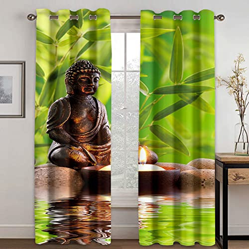HOUKAI Vorhänge Mit Ösen 2Er Set 3D Grüner Buddha Zen Vorhänge Muster Vorhang Blickdicht 140x200 cm Verdunkelung Drucken Verdunklungsvorhänge 2Er Set Für Deko Wohnzimmer Modern Schlafzimmer