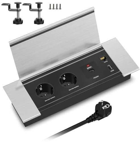 HANNELORE Enchufe de mesa con USB C PD20W, enchufe empotrable con USB HDMI RJ45, regleta empotrable con tapa, aluminio para escritorio, cocina, oficina, cable de 2 m, 2400 W/10 A