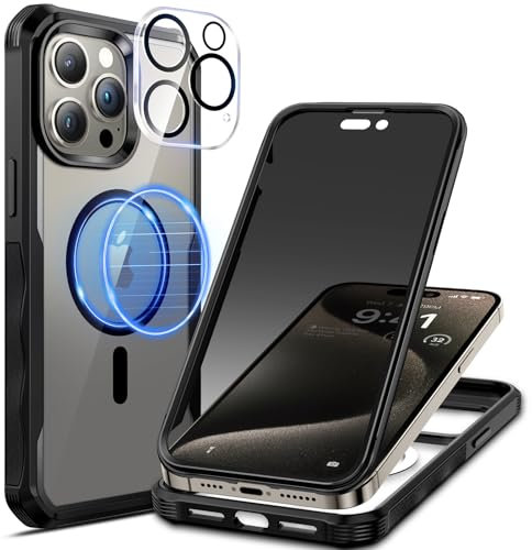 seacosmo Sichtschutz Hülle für iPhone 15 Pro [Kompatibel mit Magsafe], Anti-Spy Handyhülle 360 Grad Schutzhülle, Stoßfestes Case mit Privacy Panzerglas und Kamera Schutzfolie [9H HD]-Schwarz