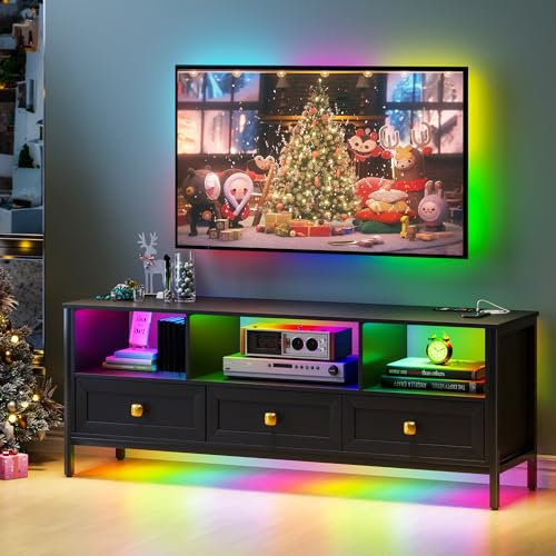 Lvifur Meuble TV LED pour Téléviseur 70 Pouces, Armoire Basse Centre de Divertissement Meuble avec Borne de Rechargeavec éclairage, Meuble Bas Rangement avec 3 Tiroirs, RGB 24 Couleurs Blanc