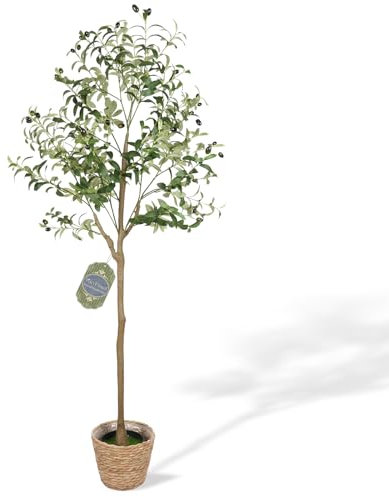 VaryFloral 150cm Olive Tree Artificial Faux Olive Tree with Woven Basket Large Artificial Plants Indoors with Lifelike Fruits Decorative Artificial Trees Greeny in Pots for Home Office Living Room