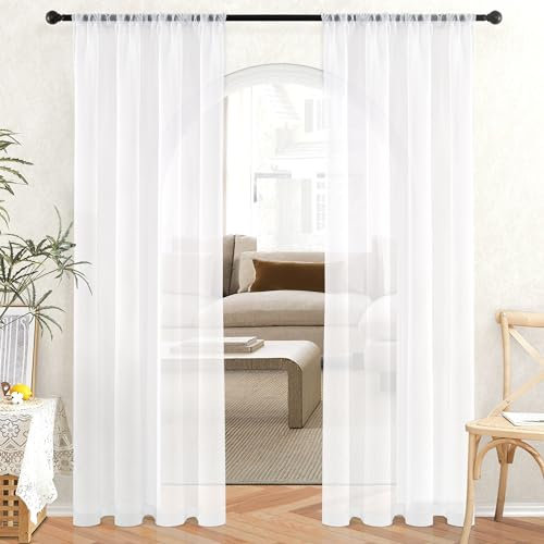 MRTREES Vorhang Transparente Weiß Gardinen mit Store 183X137cm(HXB) 2er Set Halbtransparente Voile Gardinen Weiss Vorhang Wohnzimmer modern Kurz für Küche, Kinderzimmer, Wohnzimmer und Schlafzimmer