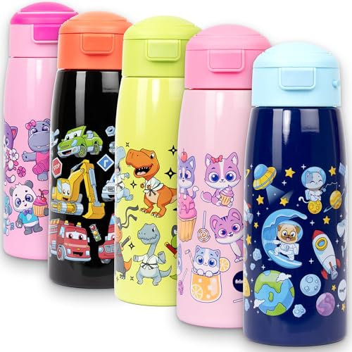 fringoo Bouteille d'eau pour enfants avec paille - En acier inoxydable - Double paroi isotherme - 100% étanche et verrouillable - Poignée de transport - Contrôle de la température 12 heures - Motif