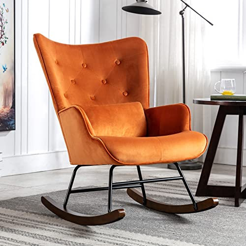 Matomn Schaukelstuhl Schaukelsessel Samt Sessel Wohnzimmer mit Metallgestell und Holzsockel Skandinavischer Polstersessel Moderne Sessel Relaxstuhl für Schlafzimmer Kinderzimmer Hotel Karamell