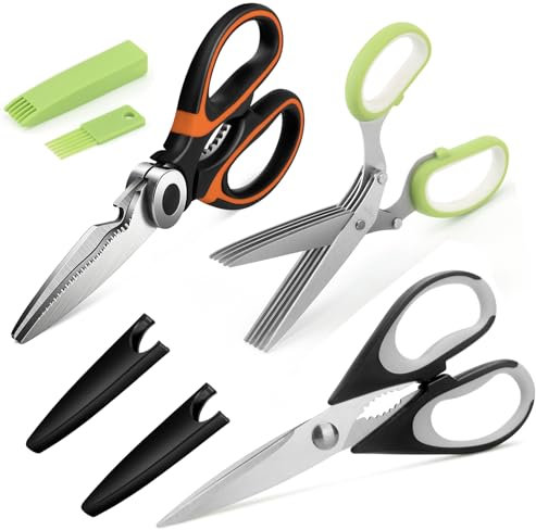 Multifunctional Kitchen Scissors, Stainless Steel Kitchen Shears Set of 3, 1 Pair for Poultry + 1 Pair with Teeth (for Meat) + 1 Pair for Herb (with 5-Blades)