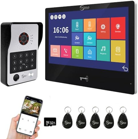 ANJIELO SMART Videocitofono (cablato), videocitofono 1080P con monitor touch da 10 pollici, supporta impronte digitali, scheda IC, sblocco password (nero)