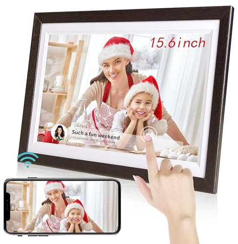 Tibuta 15,6 Zoll WLAN Digitaler Bilderrahmen, 1366 x 768 IPS Touchscreen Digitaler Bilderrahmen, 32G-Walnuss, Teilen Sie Fotos oder Videos über die Uhale APP