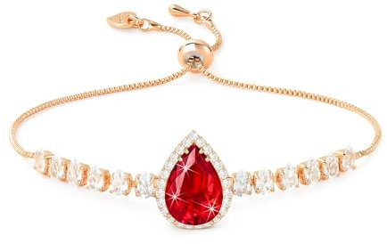 Linawe Red Crystal Imitation Diamond Charm Bracelet, Rose Gold Bracelets for Women, Ruby Rhinestone Birthstone Moissanite Chain Bracelet Set, Prom Preppy Wedding Costume Jewellery
