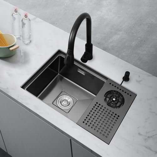 Sinks Black Stainless Steel Sink, Concealed Sink with Cover, Sink Single Bowl with Drainer,550 * 300Mm, XIAOXSIO, 550 * 300mm