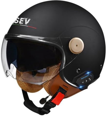 Casques Jet Bluetooth Demi-Casque Moto Vintage Homologué ECE 3/4 Face Ouverte Casque Mobylette avec Double Visière Casque Moto Bols pour Street Scooter Cruiser 5,M:57-58CM