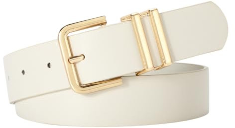 SUOSDEY Damen Ledergürtel für Jeanshosen, Modischer Damen Taillengürtel, Kleidergürtel mit goldener Schnalle 3.3cm Breite beige