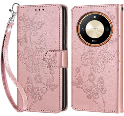 Custodia per Honor Magic 6 Lite 5G Cover, Oro rosa Farfalla | Portafoglio in Pelle PU Retro, Antiurto Flip, Slot per Schede, Funzione Stand, Chiusura Magnetica