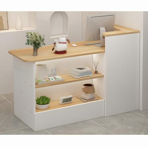 Empfangstresen, Rezeptionstheken, Moderne, minimalistische Empfangstheke an der Vorderseite, Empfangstheke mit offenen Regalen, optionale erhöhte Regale links u(Size:140x100x45cm,Color:Walnuss/rechts)