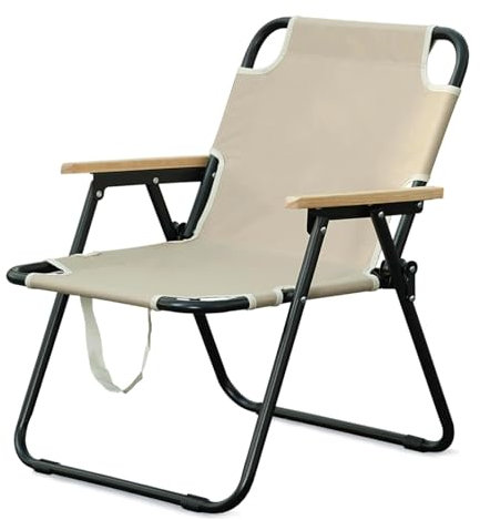 OVLRIJP Campingstuhl Faltbar, Camping Klappstuhl, Faltstuhl Camping mit Griff, Klappbare Campingstühle Leicht Klein mit Armlehne aus Holz, Perfekt für Angeln, Picknick und Wandern (Beige)