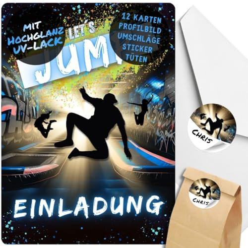 celebr8te 12x Einladungskarten im blauen Jump Trampolin Design - Für den Kindergeburtstag von Jungen im Jumphouse Trampolinpark +12 Umschläge +24 Sticker +12 Geschenktüten