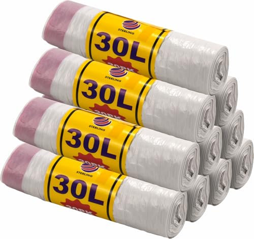 30L Plastic White Bin Bags Liners Draw String 20pk (10)