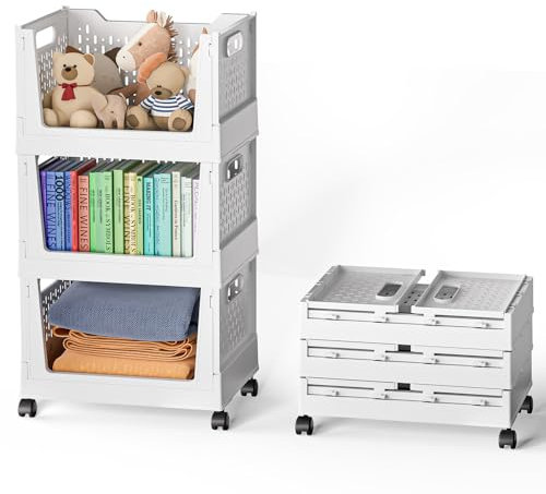 Warmiehomy 3 Pack Wardrobe Storage Organiser with Wheels Movable Wardrobe Organiser Shelves Plastic Stackable Storage Boxes, Clothes Organiser Cart for Wardrobe Closet, Plastic Storage Cart Trolley