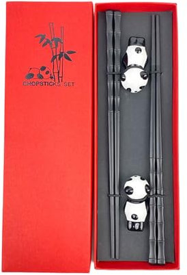 Chopsticks Set, 2 Pairs Chopsticks and Chopstick Rest Set, Safe Reusable Fiber Glass, Porcelain Cute Panda Chopstick Holder, Non-Slip Chinese Japanese Style, Black