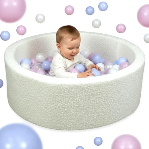 Mimii Bällebad 90x40cm 300 Bälle Schaumstoff - Bouclé Bällepool für Kinder Baby - Ballgruben für Mädchen und Jungen Spielzeug - Weiß: Transparent/Weiß/Perlmuttfarben/Hellrosa/Hellblau
