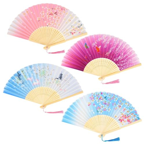 4 Stück Fächer Handfächer Stoff Stabil Holz Fecher Faltfächer Chinesische Japanische für Damen Hochzeit Gäste Kinder Mädchen Sommer Folding Hand Fan