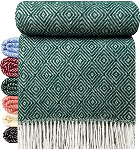 STTS International Wolldecke 100% Schurwolle Wohndecke 140 x 200 cm Tagesdecke Schurwolldecke Woll-Plaid Tirol in vielen Farben erhältlich (Smaragd/Grün (D-V))