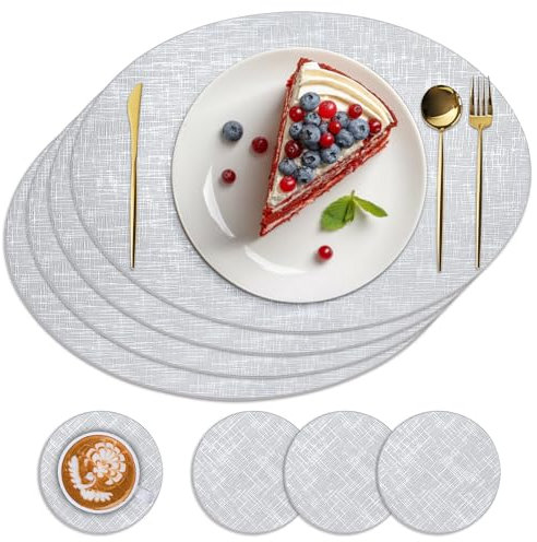 TOPAHGOD Place Mats for Table Set of 4, Heat Resistant Washable Leather PlaceMats and Coasters, Table Mats for Dining Non-Slip Stain Resistant Kitchen, Placemats Easy to Clean (Silver)