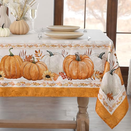 Softalker Orange große Tischdecke Herbst 300x150 cm mit Kürbissen,Jacquard-Tischtuch abwaschbar und wasserabweisend,Elegantes Design für Herbstparty & Familienfeier,Thanksgiving,Tischdeko Herbst