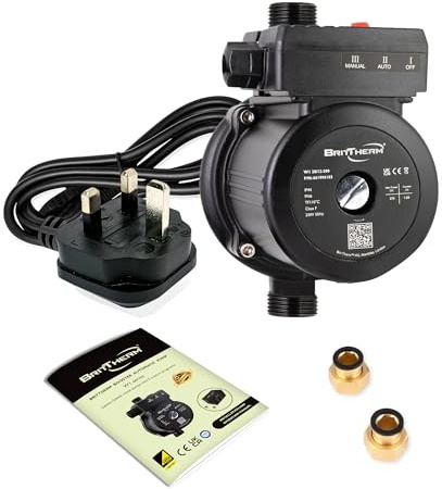 BritTherm W1 20/12-200 Water Pressure Booster Pump 275W – Automatic Inline Circulation System for Home, 12m Head, 3.1m³/h Flow, Cast Iron, 1 Connections, UK Plug