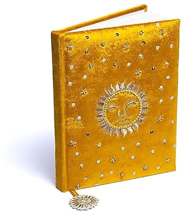 LivuX Notizbuch Sonne & Mond – Gelber Samteinband – 20×15 cm – 160 linierte Seiten – Stickerei mit Zierperlen – Spirituelles Tagebuch für Magie, Achtsamkeit & Zyklusarbeit 1302